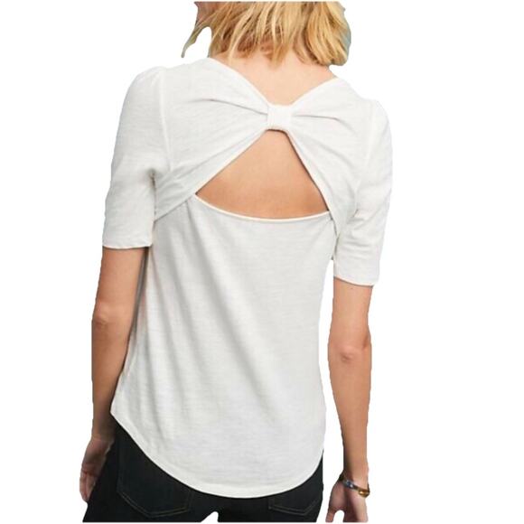 Anthropologie Meadow Rue White Bow Back Top L Puff Sleeve Effortless Chic - Picture 3 of 8